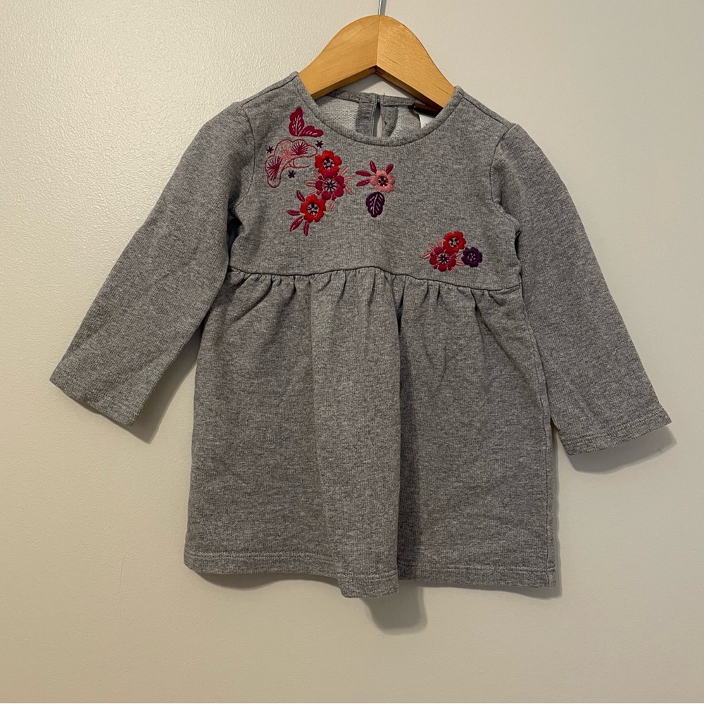 Tea Collection Girls Grey Cotton Dress with Embroidered Flowers 12-18 Months